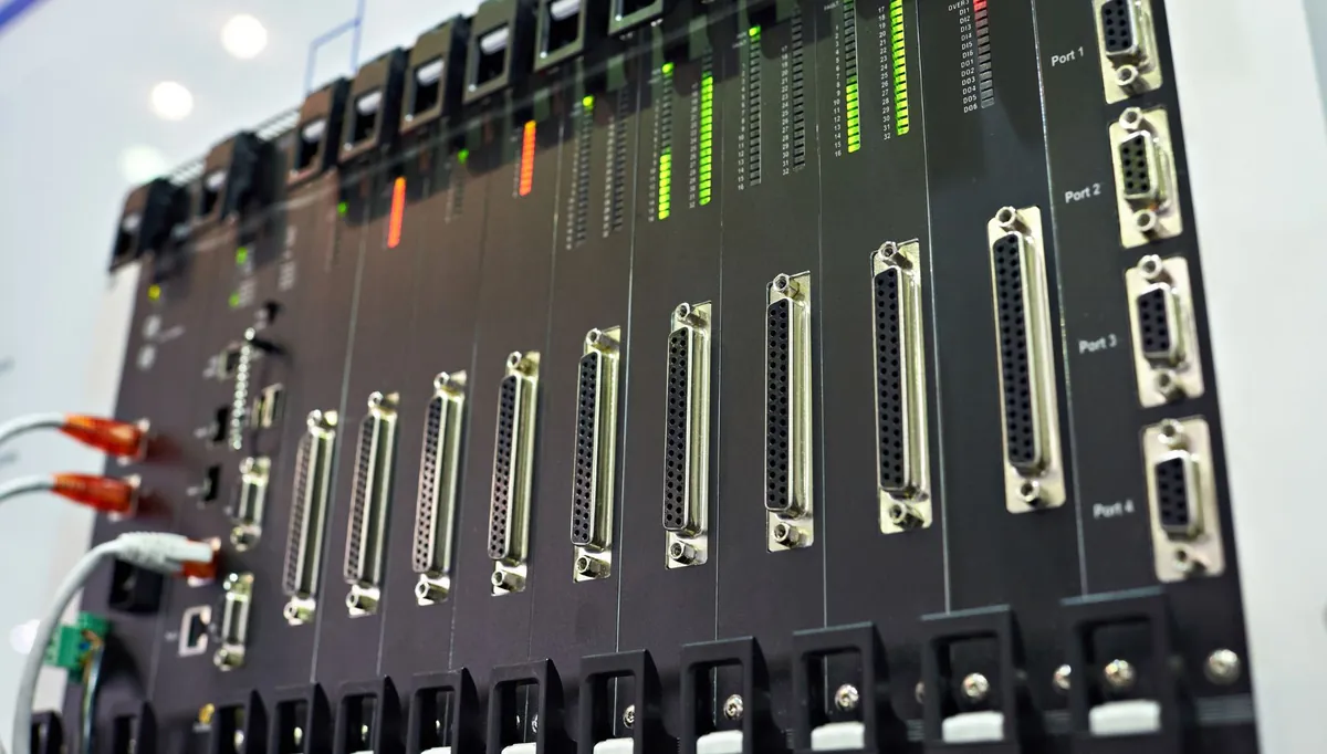 Rack de módulos eletrônicos industriais com conectores